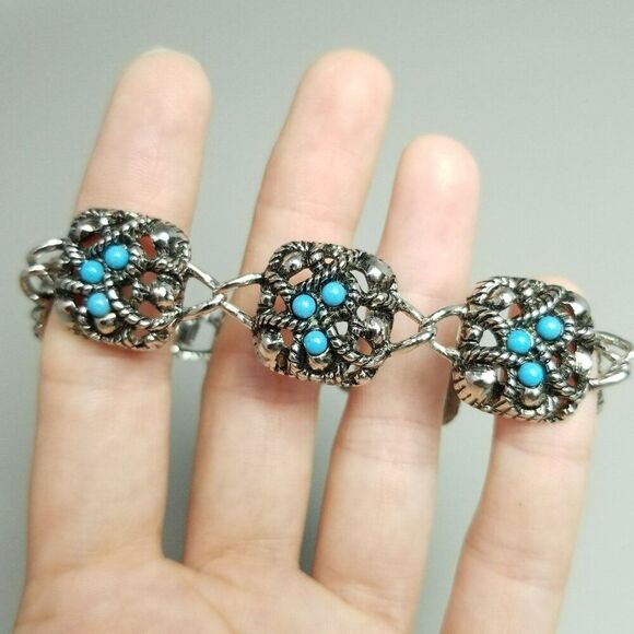 Vintage Avon Blue and Silver Tone 6 Panel Chain Bracelet, Singed Estate - Picture 1 of 8